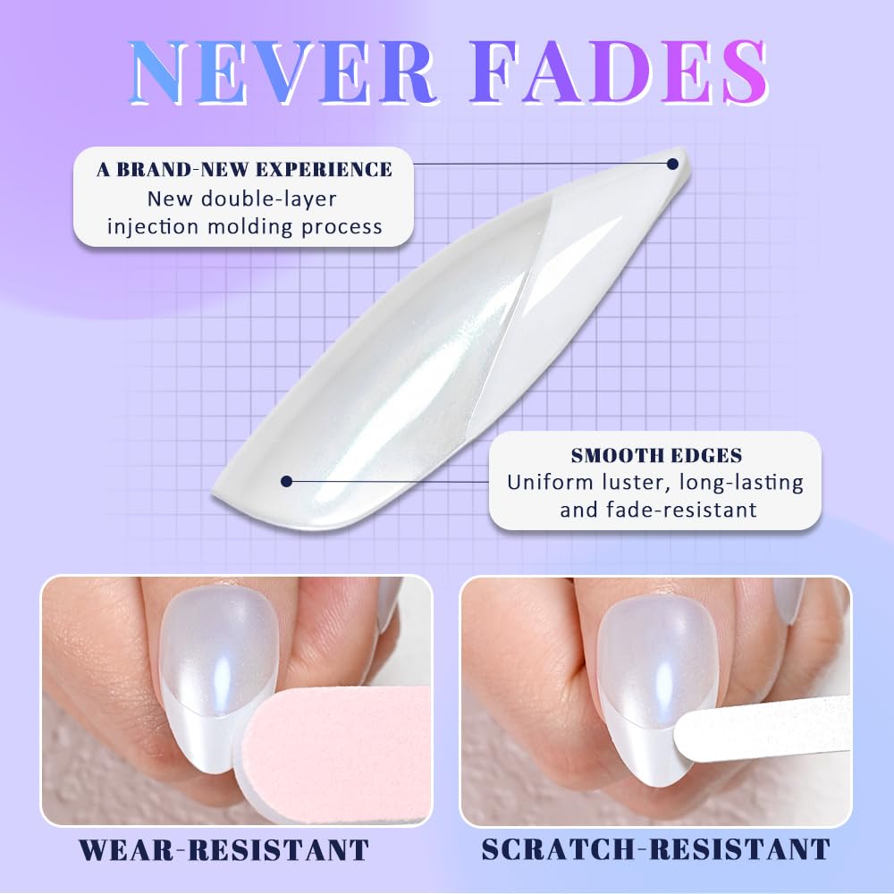 evpct Nude Cat Eye French Tip Press on Nails Almond Medium No Glue, White French Tip Medium Almond Holographic Stick on Nails for Women, Reusable Full Cover Soft Press on Nail Perfectly with Design
