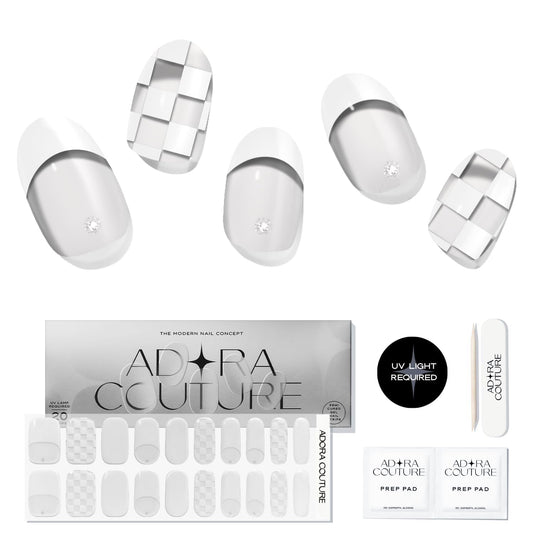 Adora Couture Semi Cured Gel Nail Strips with 20 Pieces - UV Gel Stickers, Manicure Kit, Easy Application Wraps Includes Prep Pads, Nail File, Wooden Stick - UV Light Required (Check White)