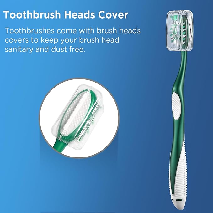 Extra Firm Toothbrushes with Covers for Adults, Cross Extra Hard Bristles, with Built in Tongue Scraper, 6 Count
