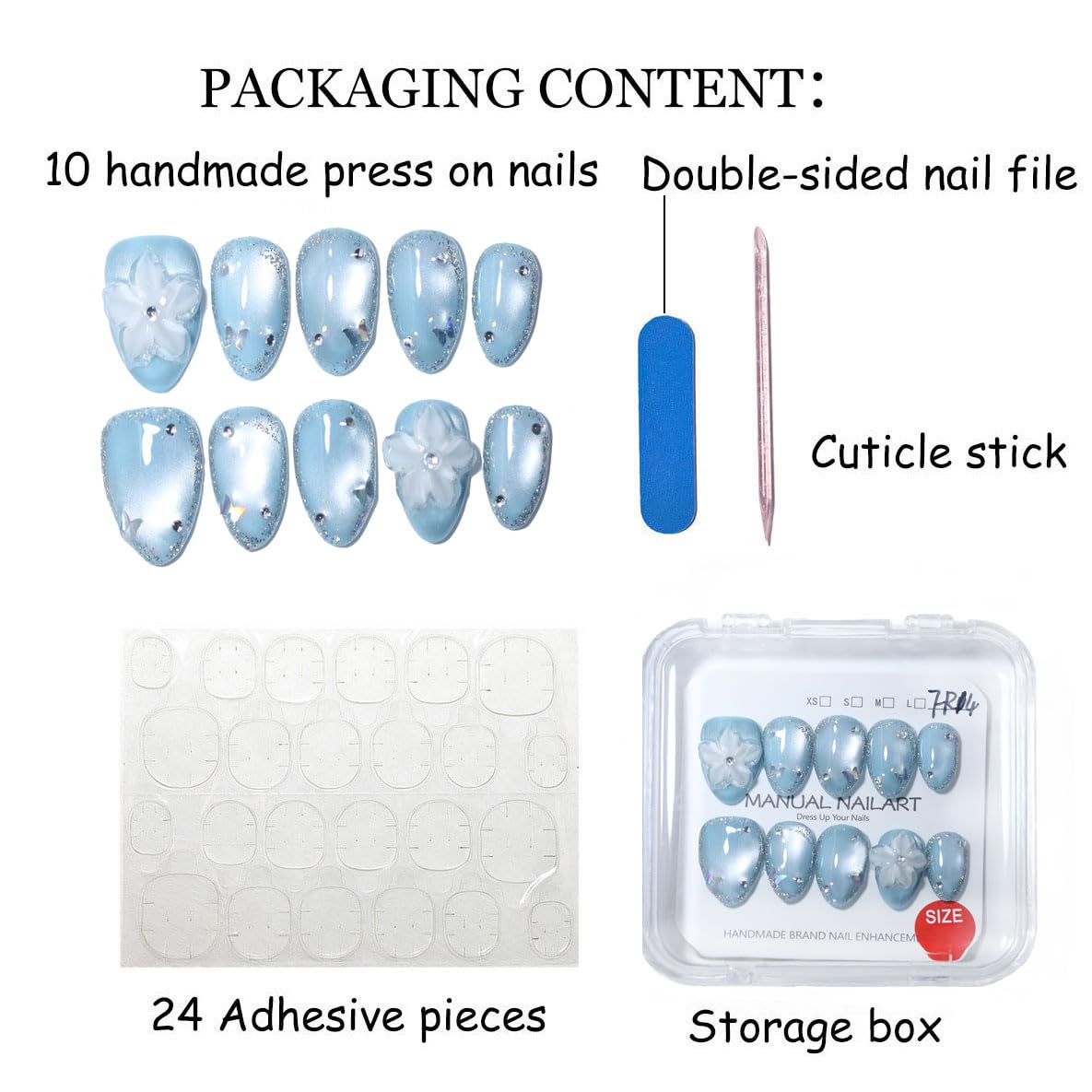 10 Pcs Short Almond Handmade Press On Nails | Sky Blue Cat Eye with 3D Floral & Rhinestone Accents | Reusable, Easy to Apply & Remove, Salon-Quality Manicure (RR16, XS)
