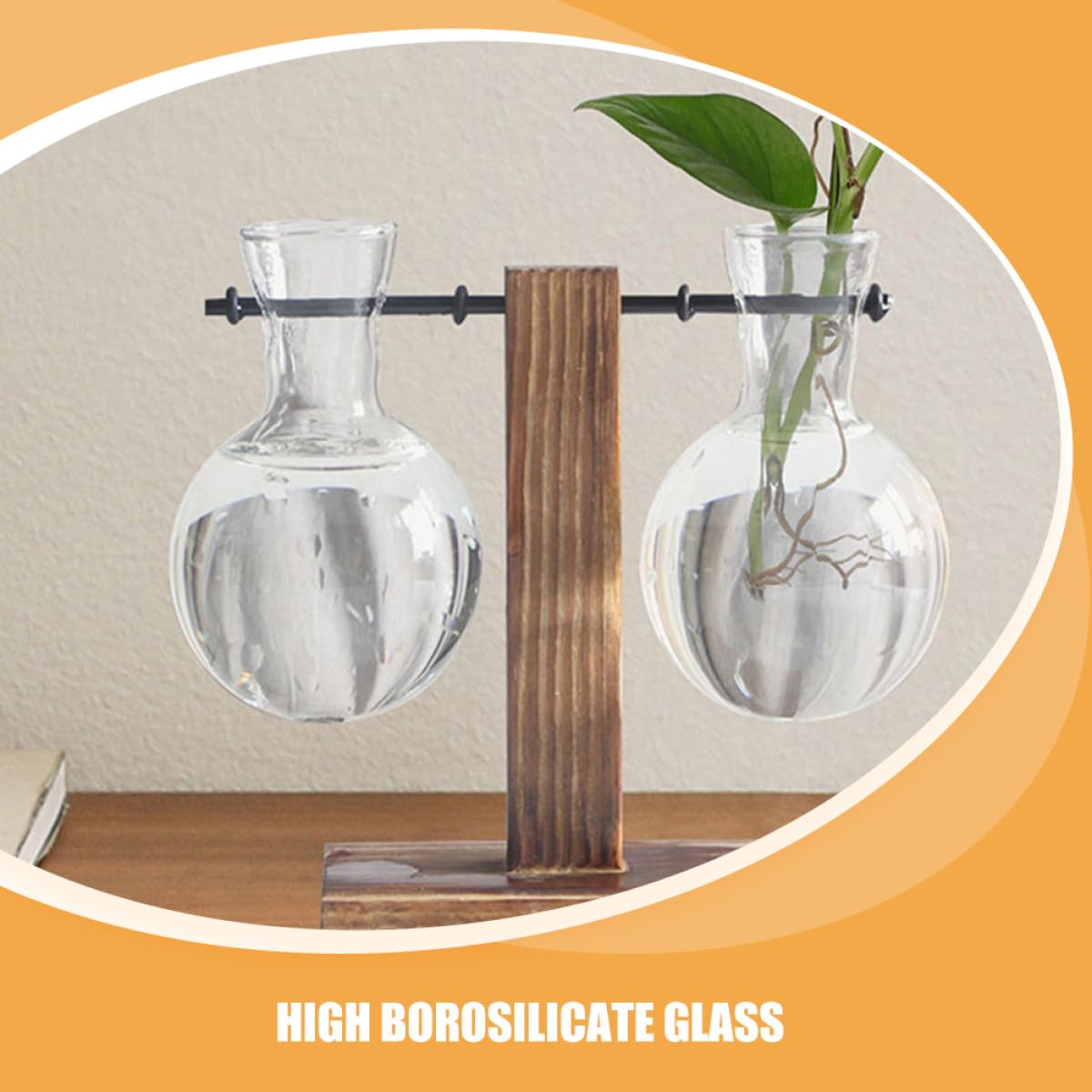 ROMISBABA 3pcs Glass Propagation Planter Vases with Wooden Stand, High Borosilicate Hydroponic Plant Holder Jars for Indoor Plant Propagation and Terrarium Decoration