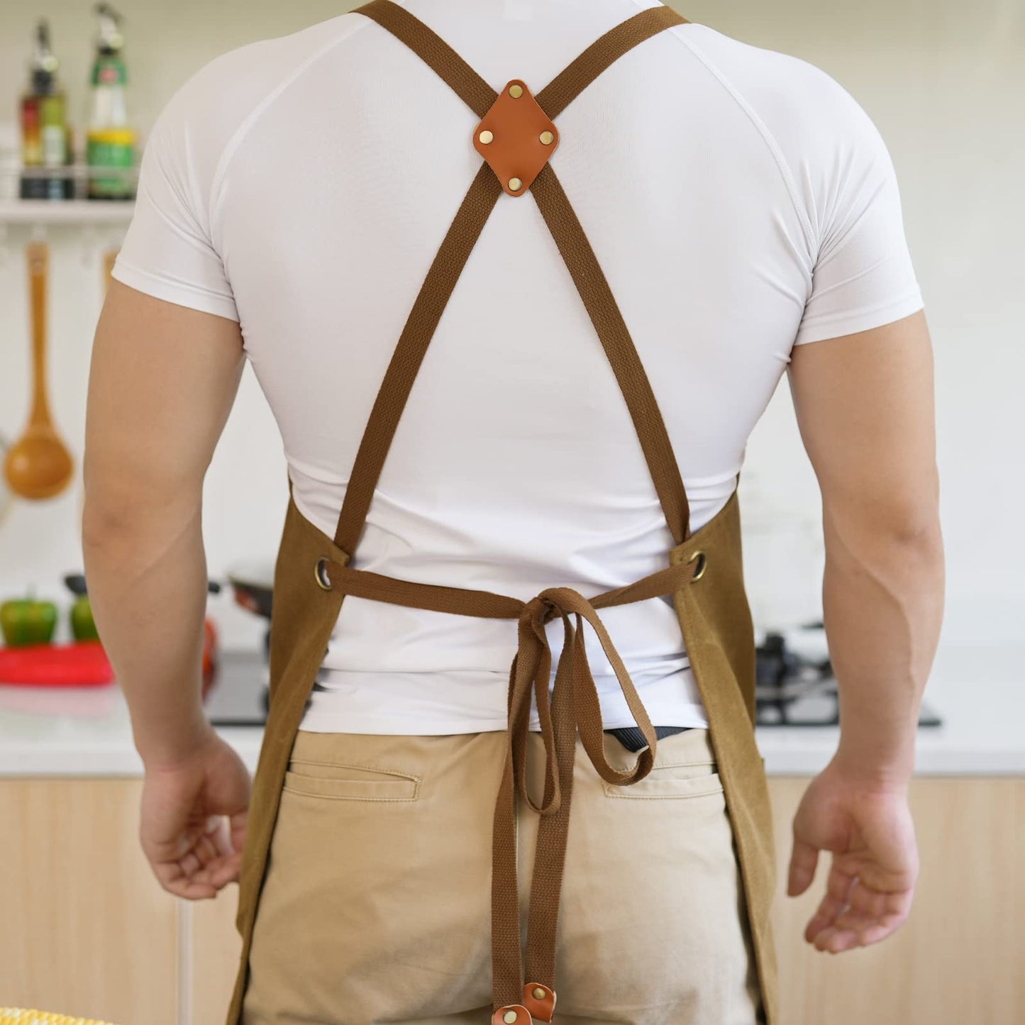 Aoomzoon Canvas Aprons for Men Chef Apron, Work Apron with Large Pockets - Durable 16oz Heavy Duty Cross Back, BBQ, Cooking (Brown, 1 Pack)