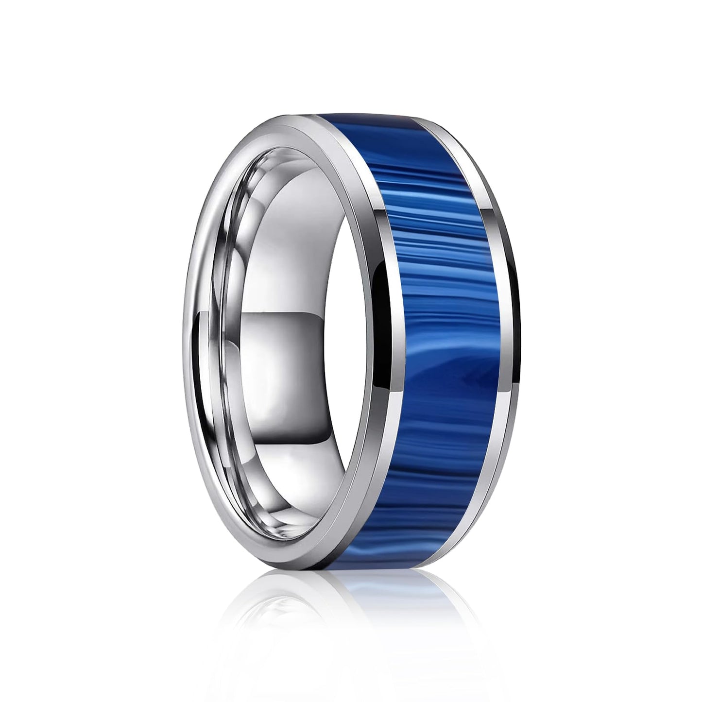 HJIMMNHONG New Carbon Fiber Fashion Rings Double Beveled Edge Delicate Polished Simple Stainless Steel Mens and Women Rings,8mm,Size Available (Peacock Blue, 7)
