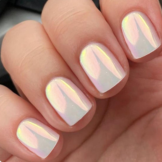 White Press on Nails Short Square Fake Nails Aurora Chrome False Nails with Designs Solid Mirror Pearl White Flash Acrylic Nails Glue on Nails Full Cover Stick on Nails for Women 24 Pcs