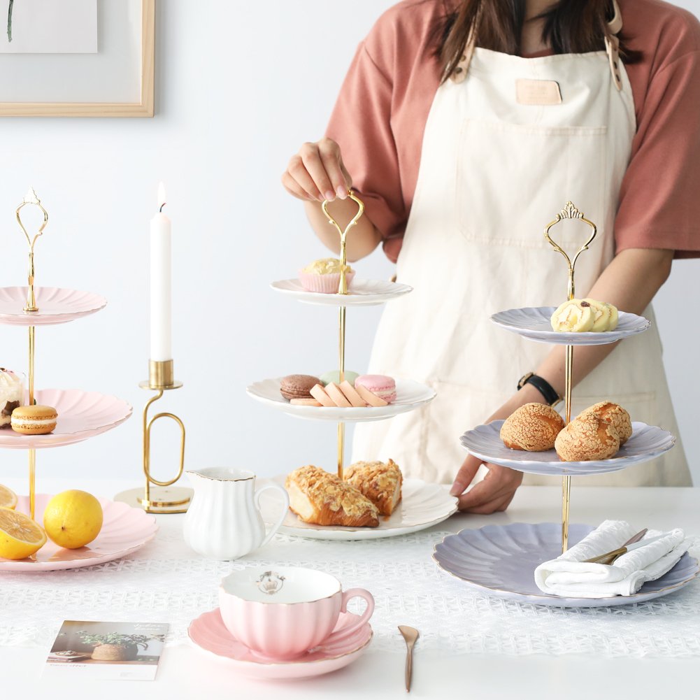 Sweejar 3 Tier Ceramic Cake Stand Wedding, Dessert Cupcake Stand for Tea Party Serving Platter (Purple)