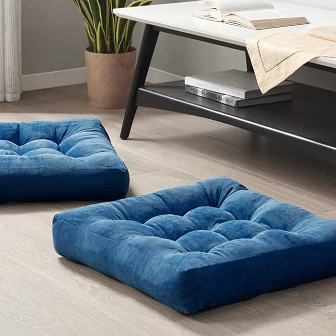 Degrees of Comfort Meditation Floor Pillow Set of 2, Square Large Pillows Seating for Adults, Tufted Corduroy Cushions for Living Room Tatami, Memory Foam Added, Navy Blue, 22x22 Inch