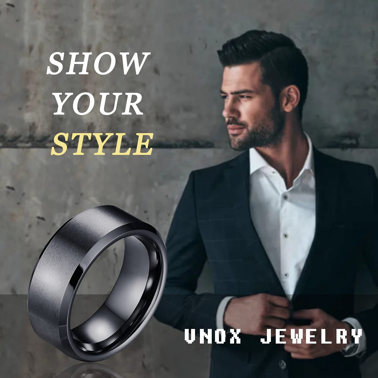VNOX Mens 8mm Brushed Matte Tungsten Carbide Classical Simple Plain Personalized Custom Name Date Wedding Band Wedding Engagement Ring,Black,Size 12