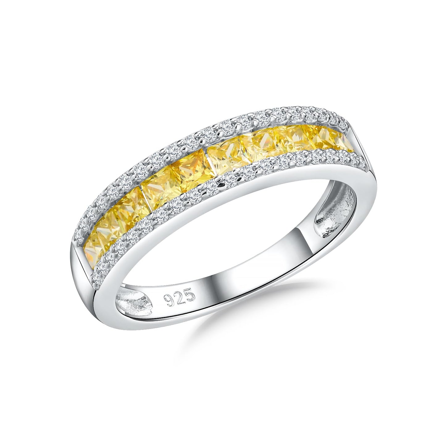 RANDES Citrine Yellow Rings for Women Channel Set Emerald Cut Eternity Band 925 Sterling Silver November Birthstone Rings Size 8