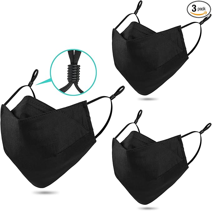 Yarehand 3-Ply Organic Cotton Cloth Face Mask Reusable Washable, Face Masks Adjustable Ear Loops Nose Wire Filter Pocket, Pack of 3 No Fog/Dust for Unisex Adult (3 Black)