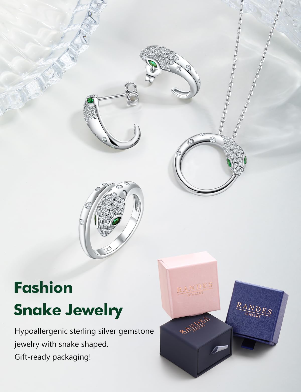 RANDES Cubic Zirconia Snake Rings for Women Adjustable 925 Sterling Silver Green Emerald Eye Fashion Statement Finger Cocktail Ring Punk Jewelry Size 7