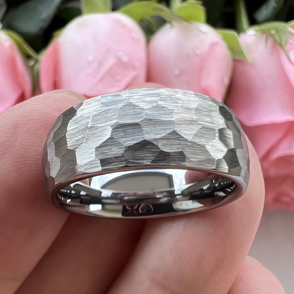 TUTISS 8mm Hammered Tungsten Rings for Men Women Fashion Engagement Wedding Bands Domed Matte Finish Comfort Fit Size 10