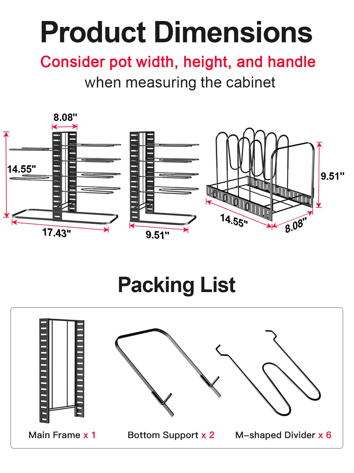 MUDEELA Pots and Pans Organizer Rack under Cabinet 14.55in Height, 8-Tiers Adjustable Pot Rack with 3 DIY Methods, Pot Lid Organizer inside Cabinet for Kitchen Pantry Organization and Storage