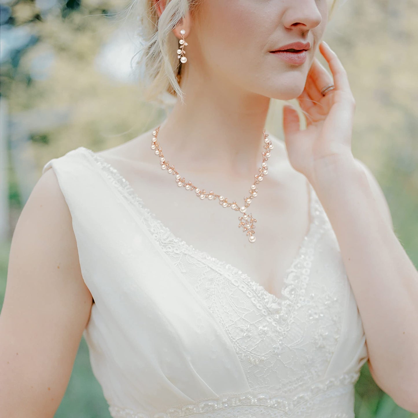 EVER FAITH Bridal Jewelry Sets for Women, White Cubic Zirconia Simulated Pearl Leaf Vine Wedding Bride Necklace Earrings Set Clear Rose Gold-Plated-Brass