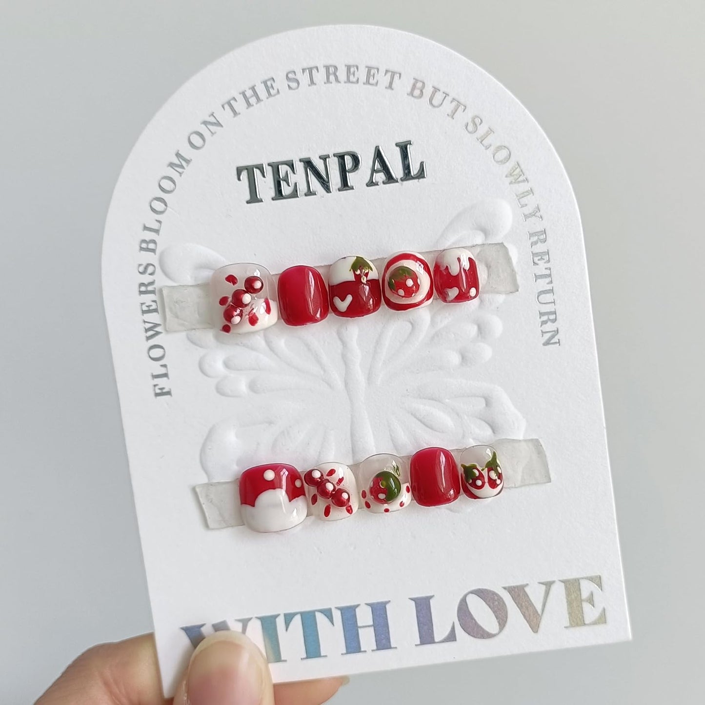 TENPAL Handmade Press on Nails for 3-12 Year Olds Girls,Resuable Gel Fake Nails with Tools for Children,Cute Nails with Lovely Strawberry Designs,Short Nails for Girls Kids Nail Art 10pcs Size(XS)