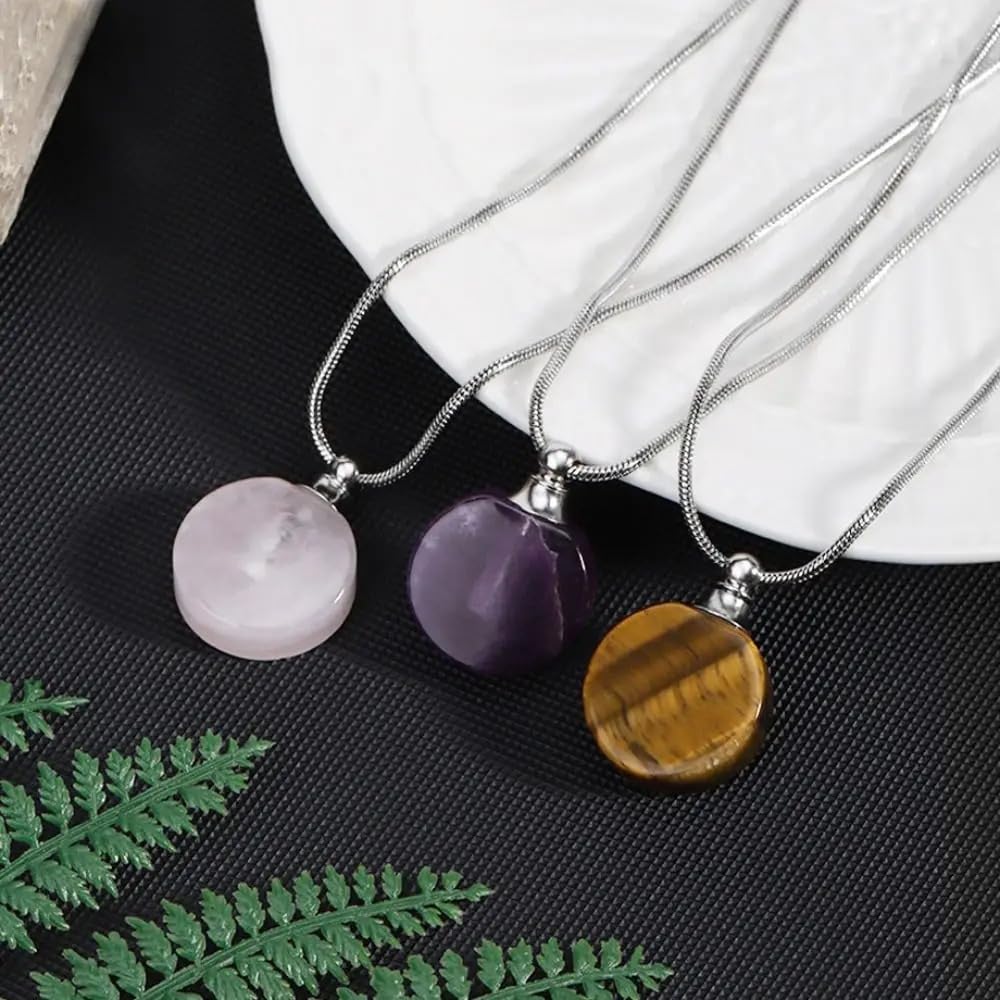 925 Sterling Silver Essential Oil Necklace For Women And Men, 14K Gold Filled Natural Stone Round Perfume Bottle Necklace, Essentials Oil Diffuser Vial Necklace (8 - Essential Oil Necklace)