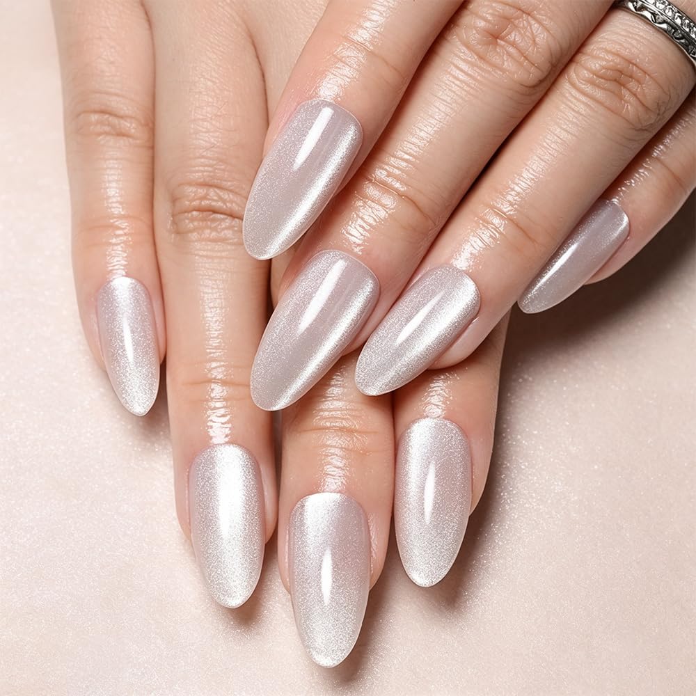 XZMeiLun Cat Eye Crystal Press On Nails Almond Medium, Magnetic Acrylic Fake Nails Stylish Design, Salon-Quality Shiny Finish, Reusable Stick On Nails Kit for Women, Daily Wear (No Glue Included)