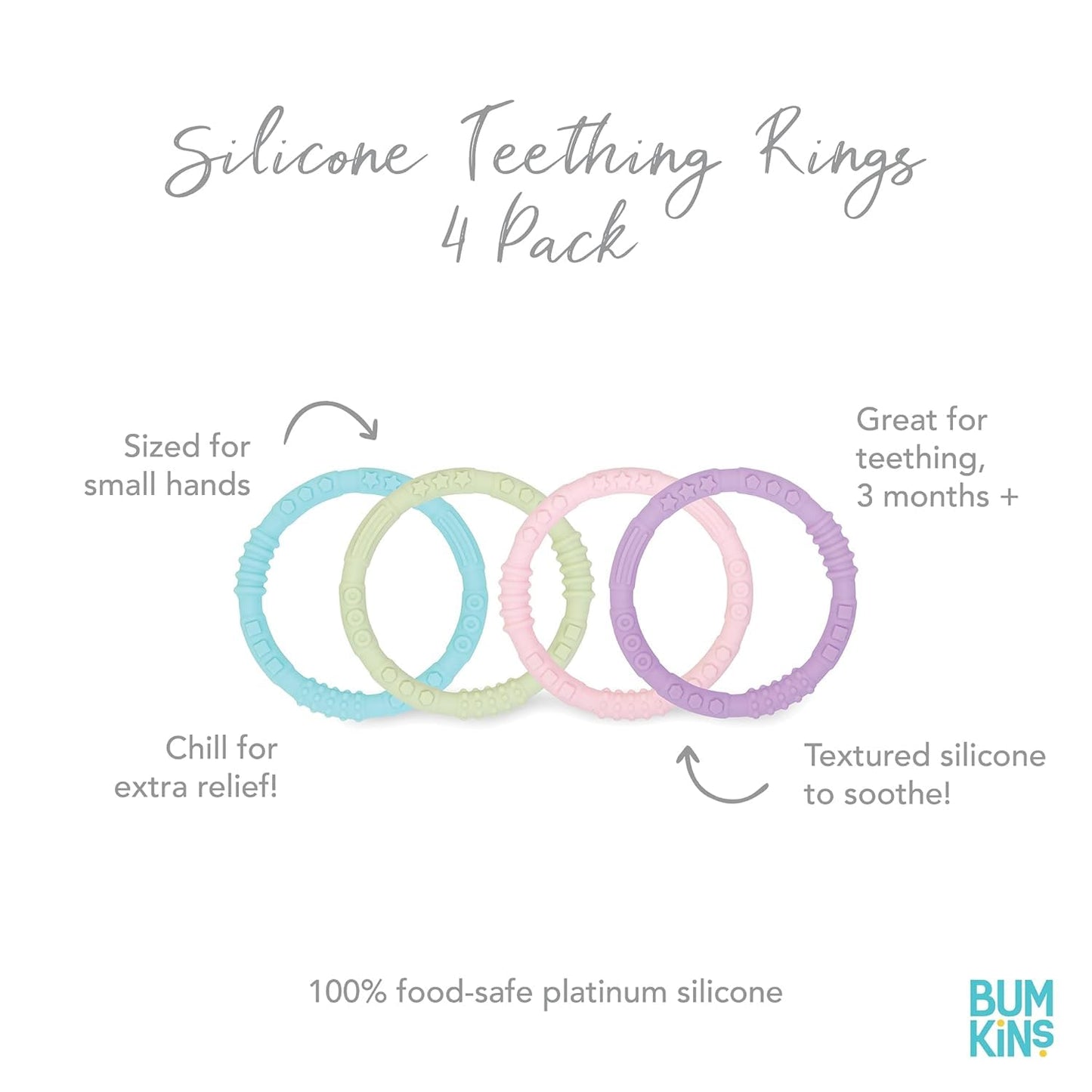 Bumkins Baby Teething Freezer Toy Keys Rings, Soft Flexible Pacifier to Chew, Cool Teether Gum Relief, Babies 3 Months, Freezable, Platinum Cured Silicone, Sensory Bracelet, 4-pk Pastels
