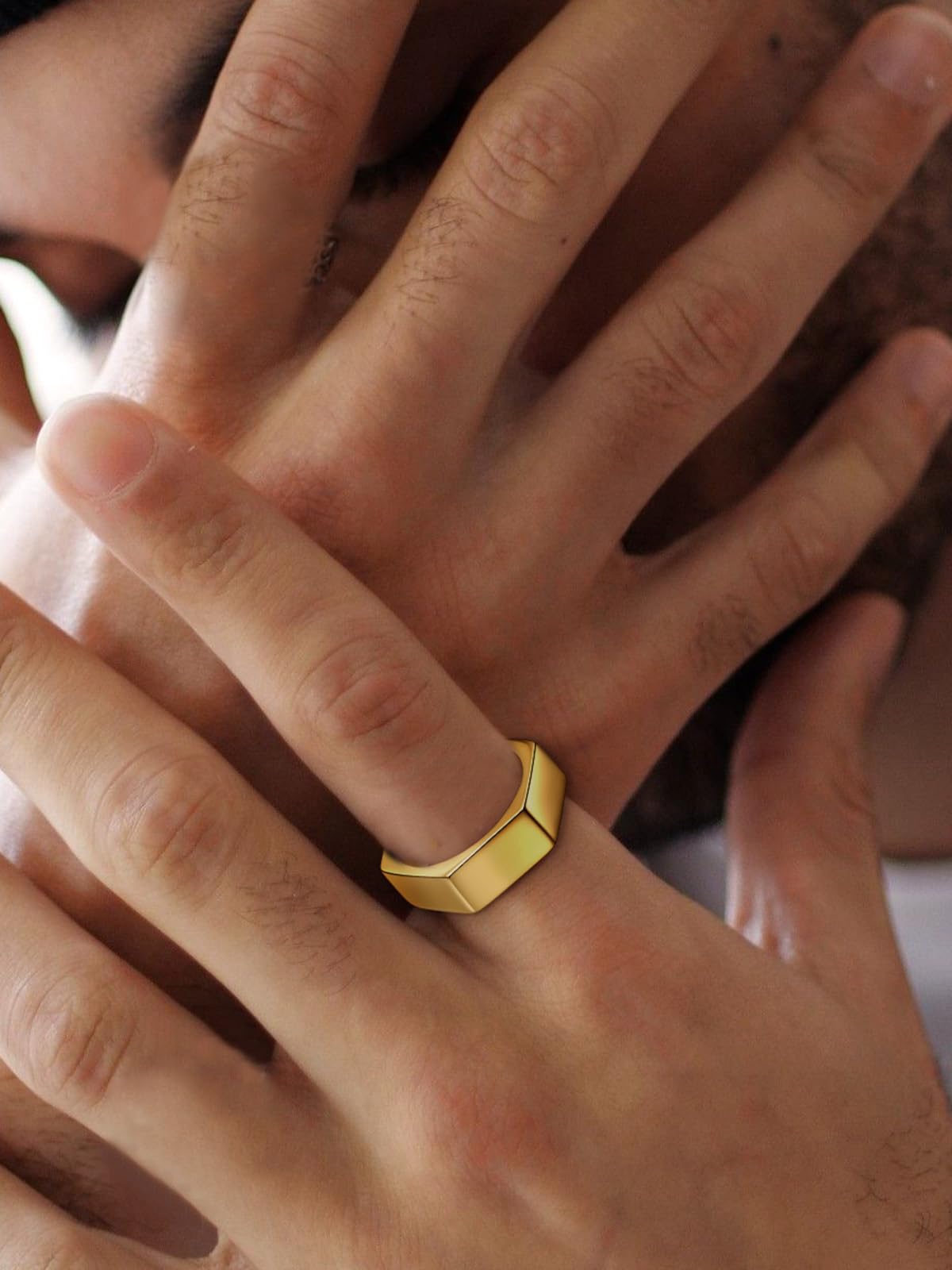 ChainsHouse Personalize Simple Band Rings 18K Gold Plated Geometric Hexagon Biker Ring for Men Women, Size 7