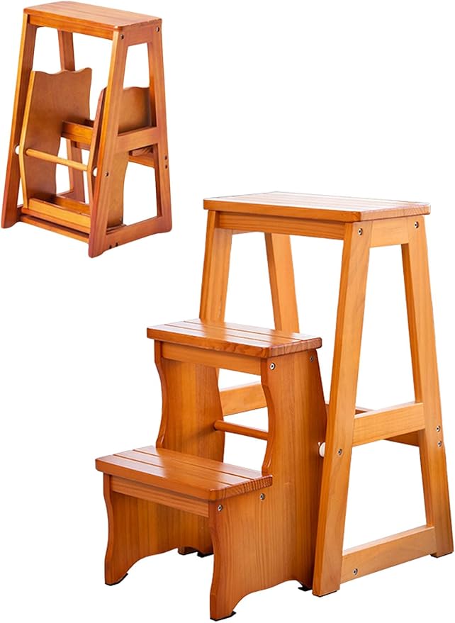 Flip N' Step Wooden Step Stool - Solid Pine, Non-Slip & Foldable | Kids Safety Stool for Kitchen, Bathroom | Display Shelf for Home Decor(Brown 3 Layers)