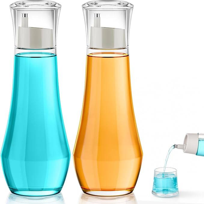 VITVITI Glass Mouthwash Dispenser for Bathroom, 8.8OZ Mouth Wash Container Bottle with Lid Cup, Small Clear Refillable Mouthwash Dispenser Decanter for Countertop, Set of 2