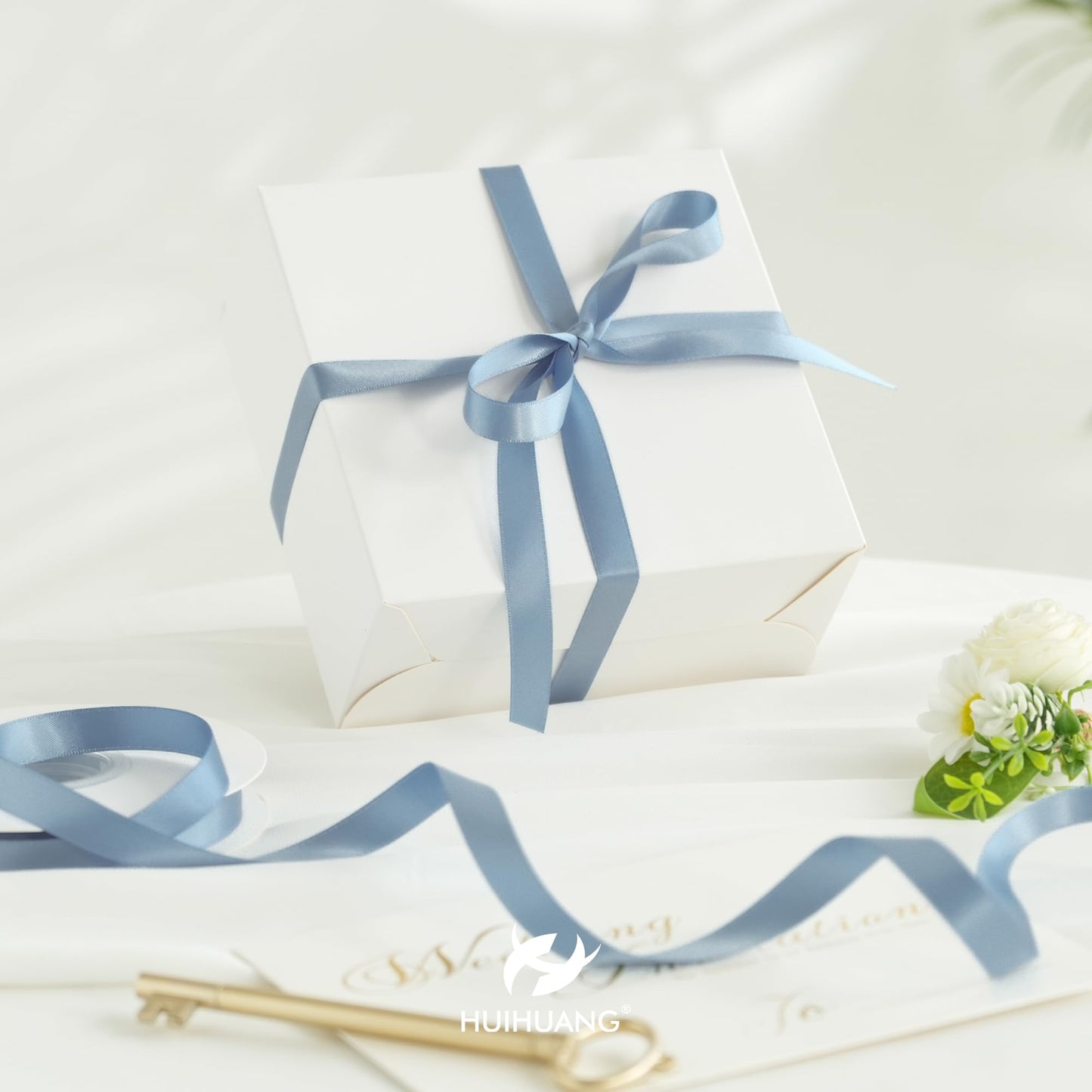 HUIHUANG Dusty Blue Satin Ribbon 1/2 inch X 50 Yards Continuous, Blue Double-Faced Satin Ribbon for Gift Wrapping, Bows, DIY Crafts, Flower Bouquet, Bridal Wedding Decor, Flower Crowns Decor