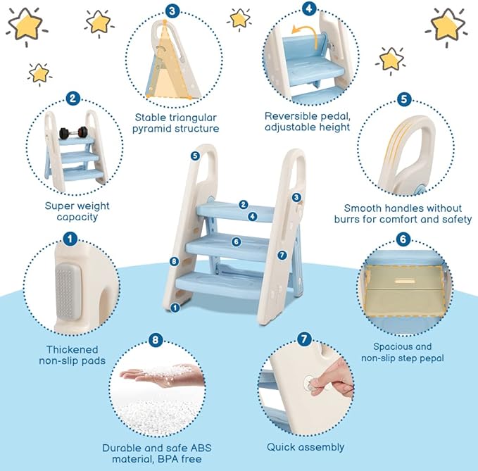 Onasti Foldable Toddler Step Stool for Bathroom Sink, Adjustable 3 Step Stool for Kids Toilet Potty Training Stool with Handles, Child Kitchen Counter Stool Helper, Plastic Ladder for Toddlers Blue
