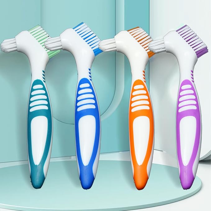 Denture Brush Dual Head Toothbrushes False Teeth Brush Denture Cleaning Kit Toothbrush (Orange Blue)