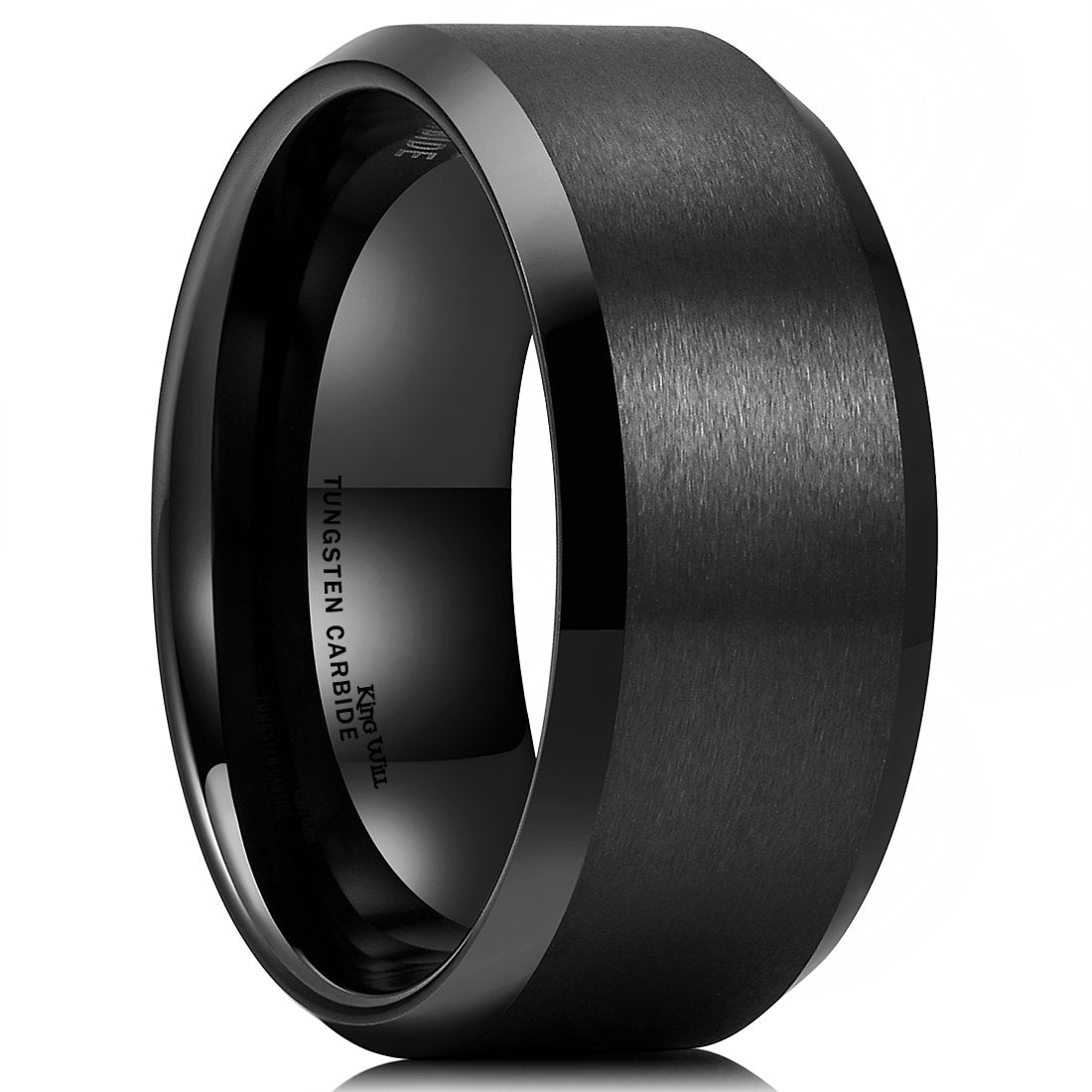 King Will 10mm Men's Black Wedding Ring - Brushed Matte Surface, Beveled Polished Edge, Comfort Fit Size 14