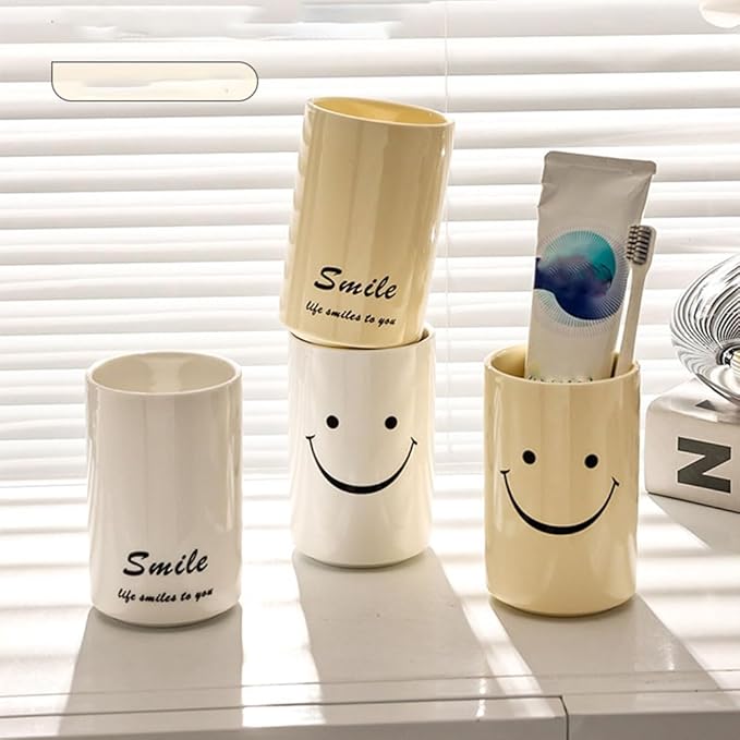 Smiley Face Ceramic Toothbrush Cup - Creative Smile Design, Practical Bathroom Cup, Perfect for Home, Dorm, or Gifts (Yellow & A)
