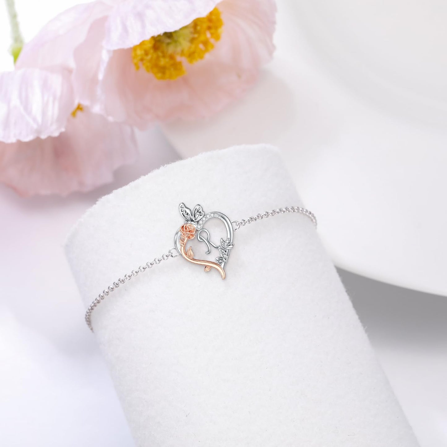 TOUPOP Rose Heart Bracelet for Women Sterling Silver Heart Initial R Letter Bracelet Butterfly Love Jewelry Anniversary Birthday Mothers Day Gifts for Mom Wife Her Girlfriend