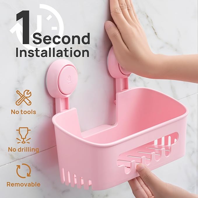 LEVERLOC Shower Caddy Suction Cup 2 Pack, Shower Organizer Removable Bathroom Shelf, Storage Suction Powerful Max Hold 22lbs Bathroom Caddy Waterproof Holder, Pink