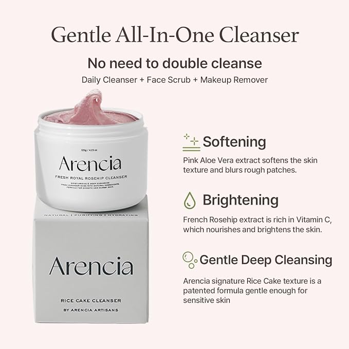 Rosehip Brightening Rice Mochi Face Cleanser & Daily Scrub - Moisturizing, Exfoliating & Deep-Cleansing - All Skin Types with Rice Powder & Rice Water (1.76oz)