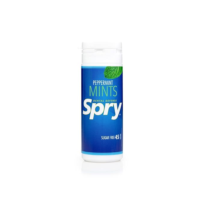 Spry Xylitol Peppermint Mints Sugar Free Candy - Promote Oral Health, Increase Saliva Production, Stop Bad Breath, Non-GMO, Gluten-Free, 45 Count (Pack of 1)