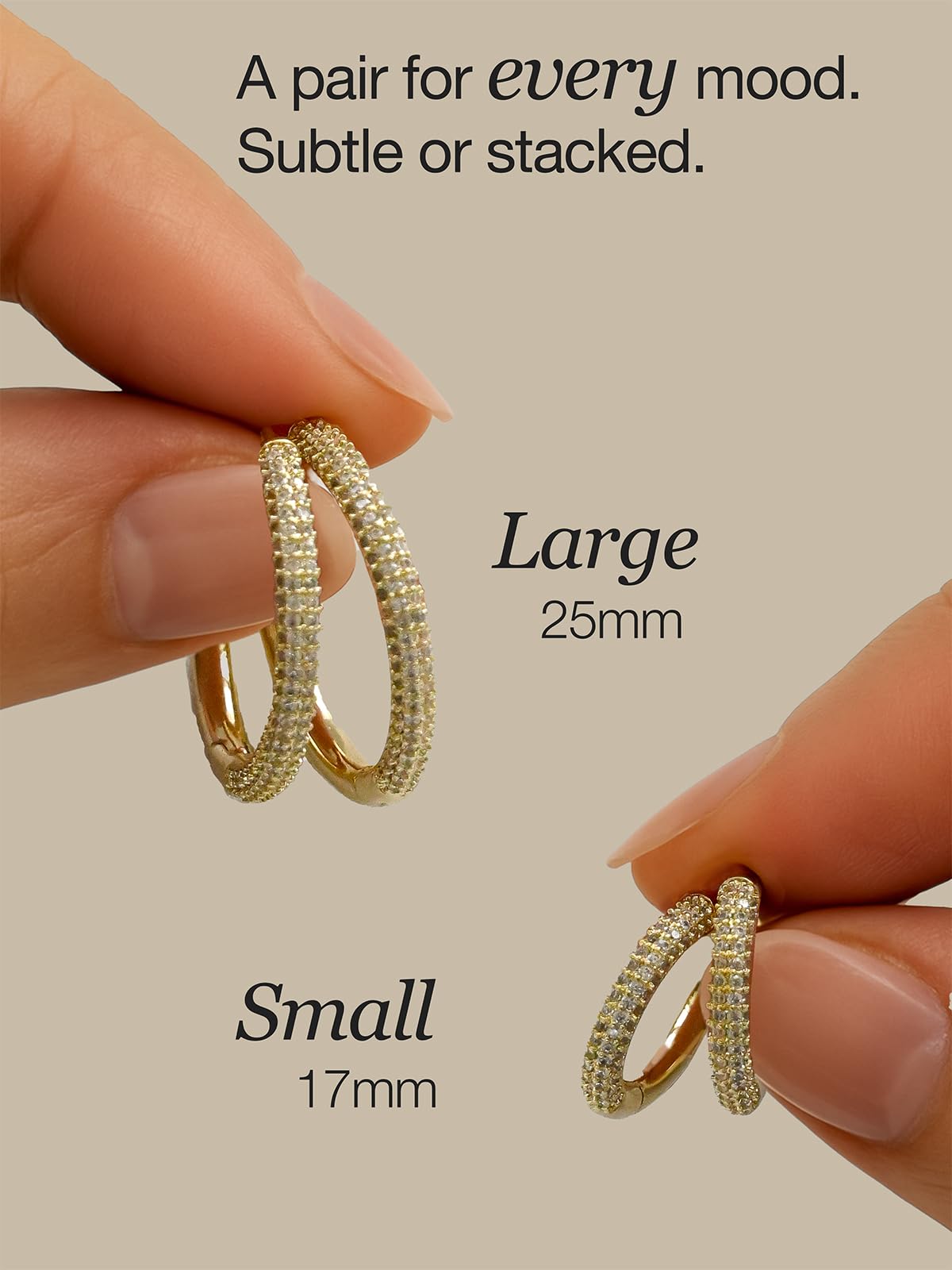 Altitude Boutique CZ Pave Huggie Hoop Earrings | 14K Gold-Plated or Rhodium-Plated | 4-Row Cubic Zirconia Hoops in 17mm or 25mm | Hypoallergenic Modern Statement Hoop Earrings for Women (Gold, 17mm)
