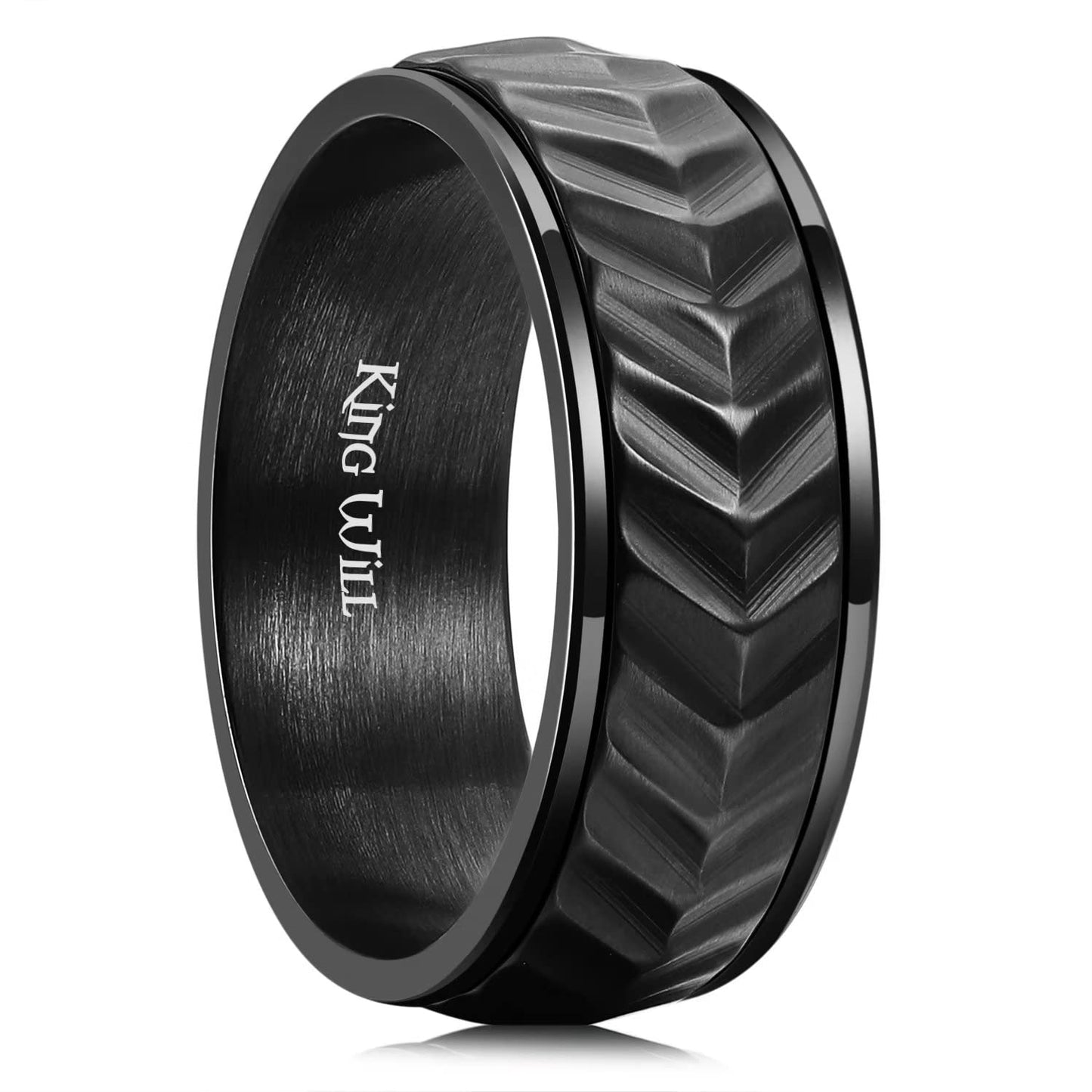 King Will Mens Black 8mm Spinner Rings Tire Stripe Groove Stainless Steel Anxiety Fidget Ring for Men 13