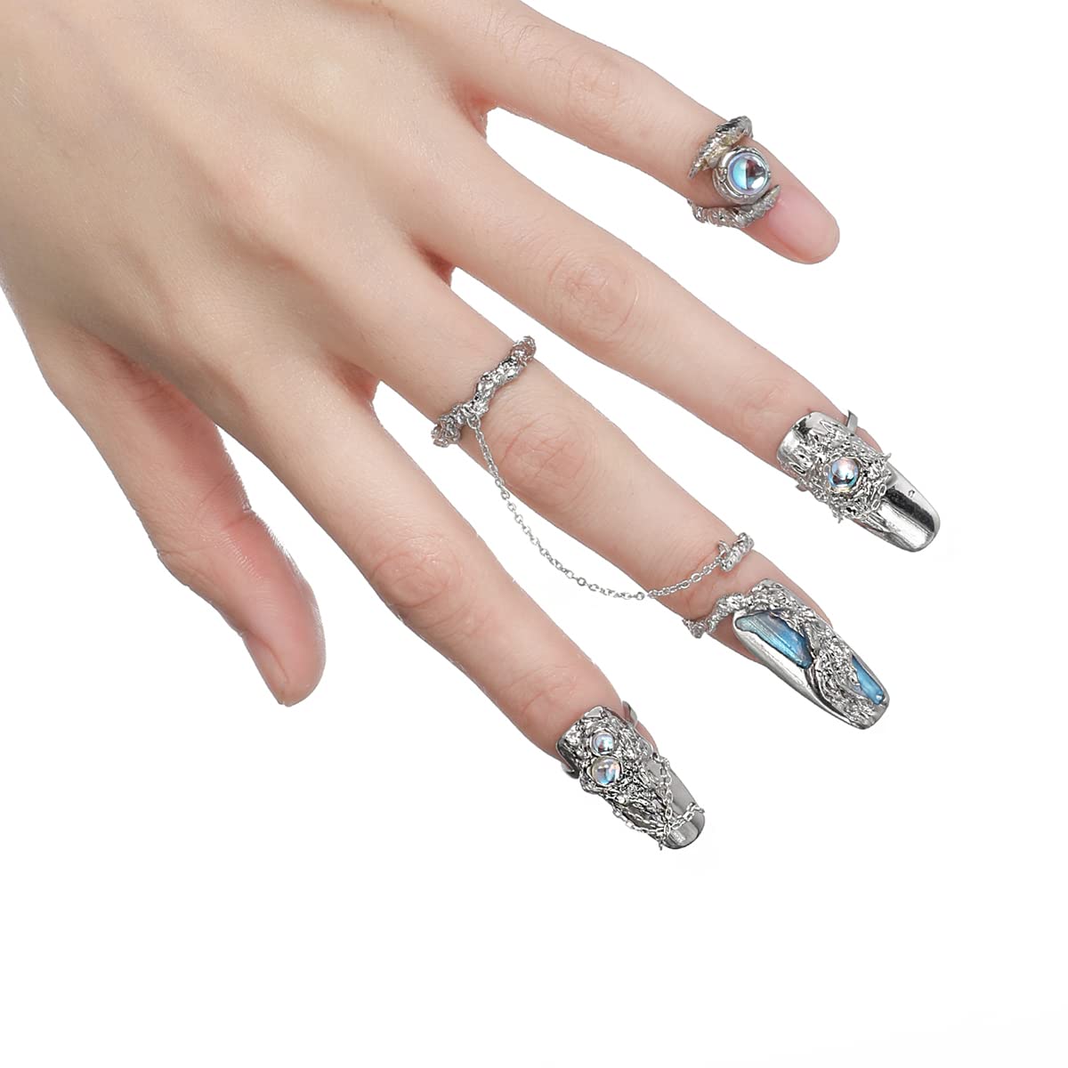 4Pcs Women Finger Tip Nail Rings, Adjustable Opening Nail Art Charms Accessories, Jewelry Fingernail Finger Tip Claw Nail, Fingernail Tip Fingernail Rings Set (Blue)