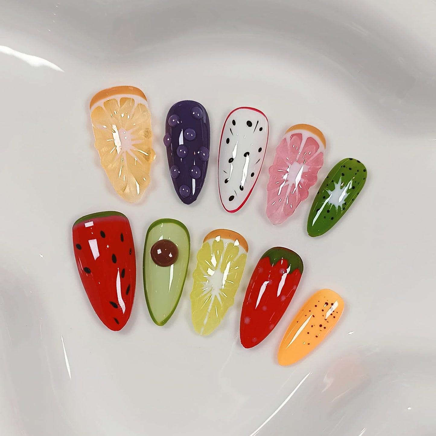 TENPAL Summer Fruit Press on Nails - Vibrant Almond Shaped Fake Nails with Kiwi, Watermelon & Avocado Designs | Reusable Colorful Nail Art for Women | Tropical Fruit Manicure Set (Medium Length,XS)