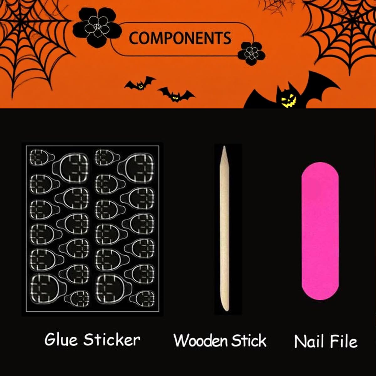 Halloween Press on Nails Short Square Fake Nails Pumpkin Ghost Skeleton Desige Stick on Nails Gold Glitter False Nails Gradient Artificial Handmade Acrylic Glue on Nail for Women Manicure 24Pcs
