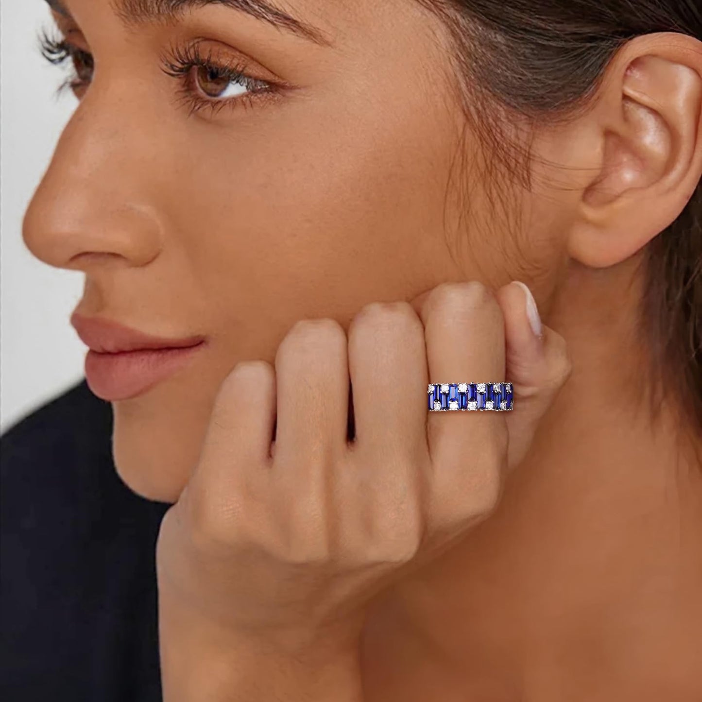 RANDES Sapphire Eternity Band Rings for Women Baguette Wedding Band 925 Sterling Silver Blue Stone Ring Anniversary Jewelry Size 7