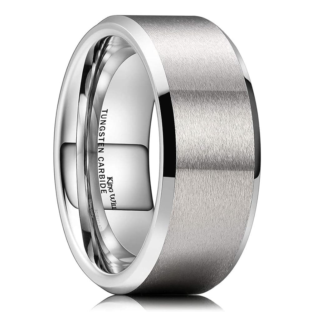 King Will Silver 9mm Men's Wedding Ring - Brushed Matte Finish, Beveled Polished Edge, Comfort Fit Size 13