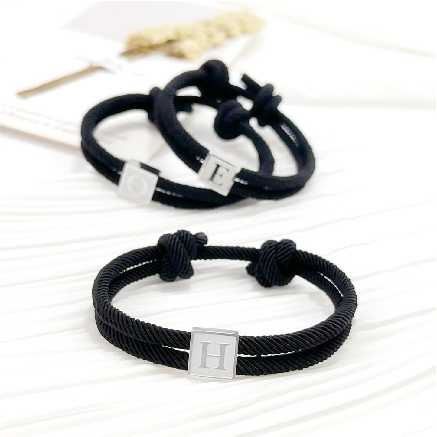 BHDJSHX Stainless Steel Initial Bracelet for Men-Adjustable Black Braided Cord with A-Z Letter (7-13 Inches) - Unisex Jewelry for Brothers, Son, Boyfriend, or Girlfriend(B)