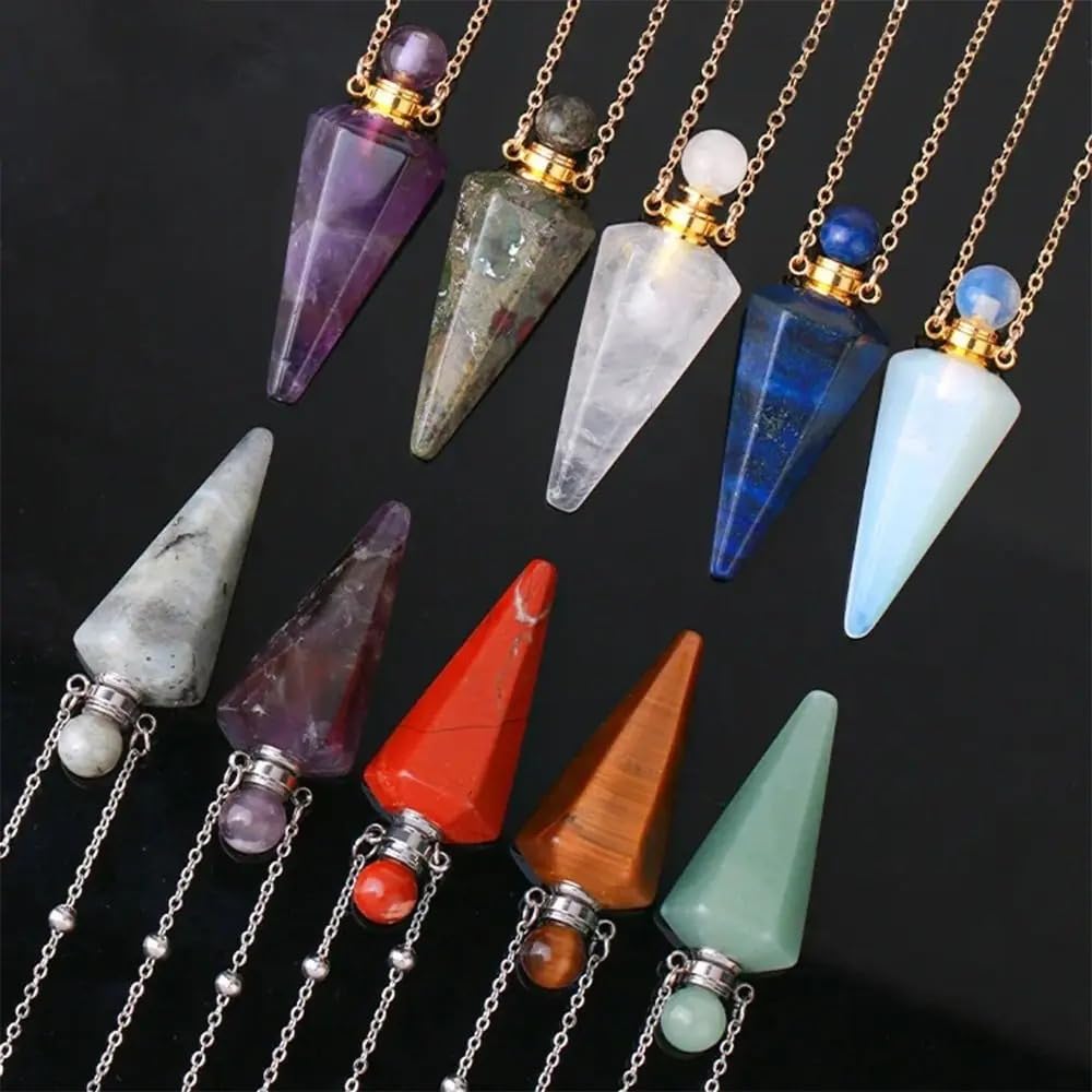 925 Sterling Silver Essential Oil Necklace For Women And Men, Natural Crystal Stone Cone Shape Pendant Necklace Healing Perfume Bottle Necklace Essential Oil Pendant Necklace (10 - Essential Oil Necklace)