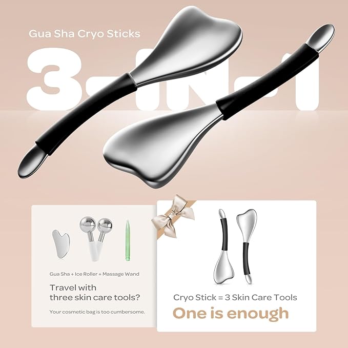 3-in-1 Cryo Gua Sha Facial Tools, Ice Roller Globes for Women Face and Eyes Massager, Unbreakable Stainless Steel Face Sculpting Skin Care Tools, Esthetician Supplies with Carry Case