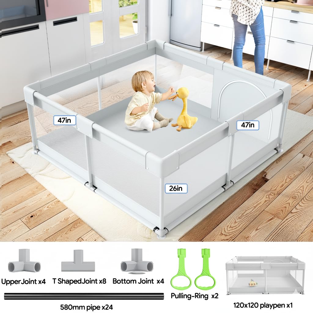 Fodoss Baby Playpen 50×50in, Small Play Pen for Babies and Toddlers, Playpen for Apartment, Play Yard, Activity Fence, Baby Playard with All-Side Mesh, Pull Rings