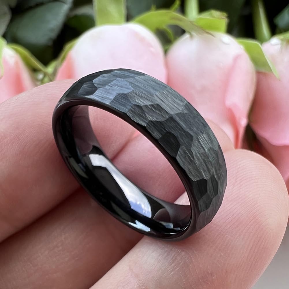 TUTISS 6mm Black Hammered Tungsten Rings for Men Women Fashion Engagement Wedding Bands Domed Matte Finish Comfort Fit Size 8