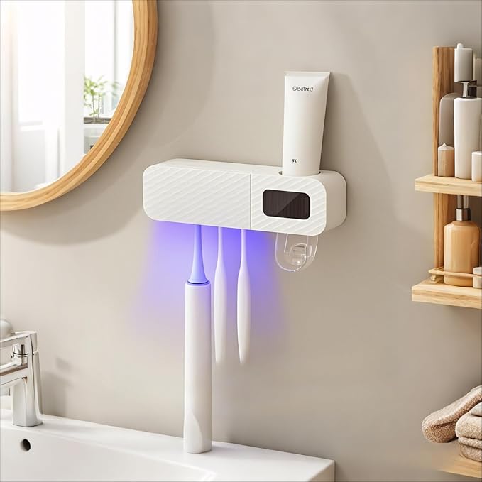 Smart Toothbrush Holder, Wall Mounted Toothbrush Holder with Toothpaste Dispenser, Drying Function and 3 Toothbrush Slots for Bathroom (White)