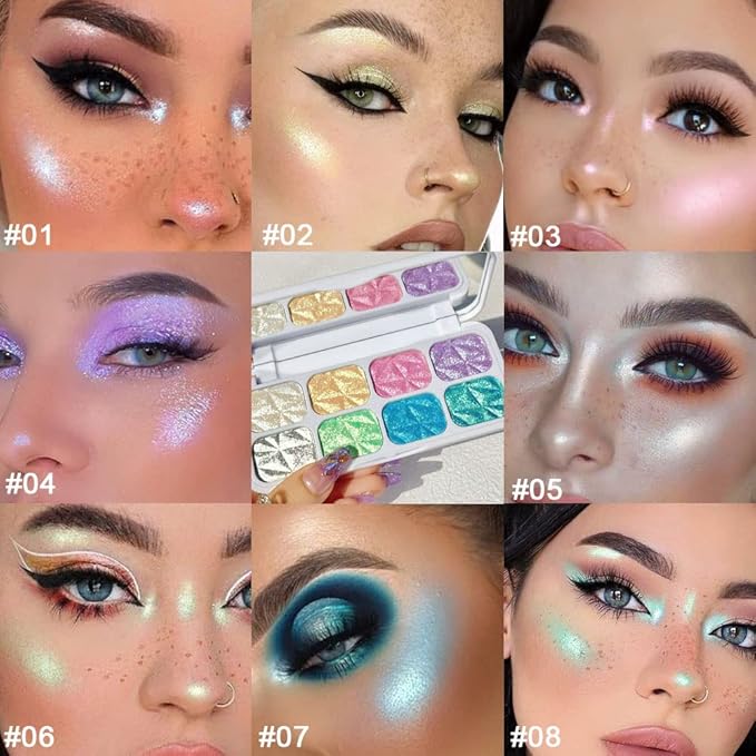 8 Color Face Cheek Highlighter Makeup Palette Shimmer Glitter Iridescent Multichrome Holographic Eyeshadow Palette Purple Rainbow Glitter Highlighter Makeup Highlight and Contour Chrome Eye Make up
