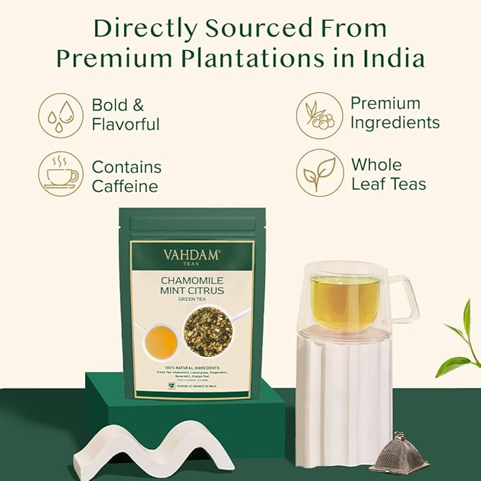 VAHDAM, Chamomile Mint Citrus Green Tea Leaves (50+ Cups, 3.5 oz) Essential Herbs | Green Tea Leaves, Chamomile, Peppermint, Spearmint, Orange Peels, Lemongrass | High Elevation Grown | Vacuum Sealed