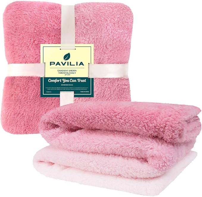 PAVILIA Fluffy Sherpa Throw Blanket Ombre | Gradient Plush, Soft, Fuzzy, Decorative Accent Throw Blanket for Couch Sofa Twin Bed | Cozy Warm Decorative Furry Faux Fur Blanket, 60x80 Inches Pink
