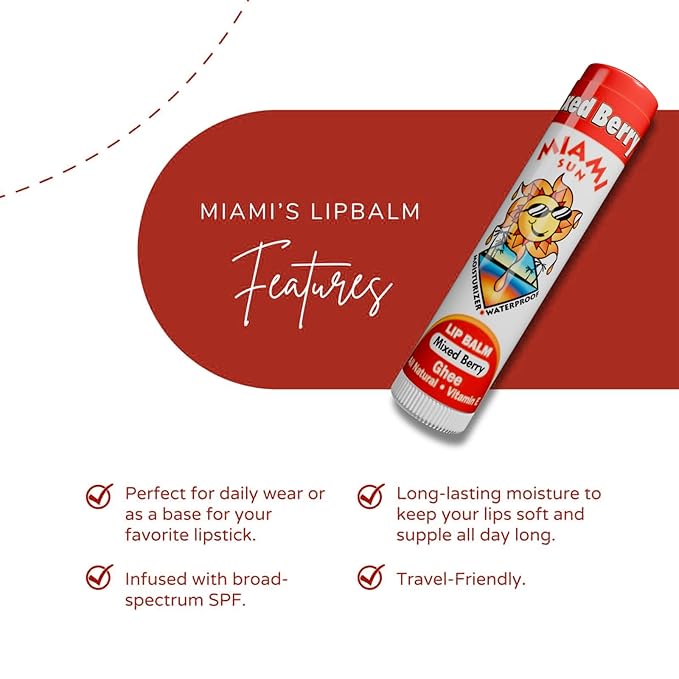Miami Sun Natural Ghee Lip Balm, Hydrating Lip Treatment with Shea Butter & Beeswax, Organic & Non-Toxic, Best for Dry, Chapped Lips - Moisturizing, Healing, Chemical-Free Care (4 Count, Mixed Berry)